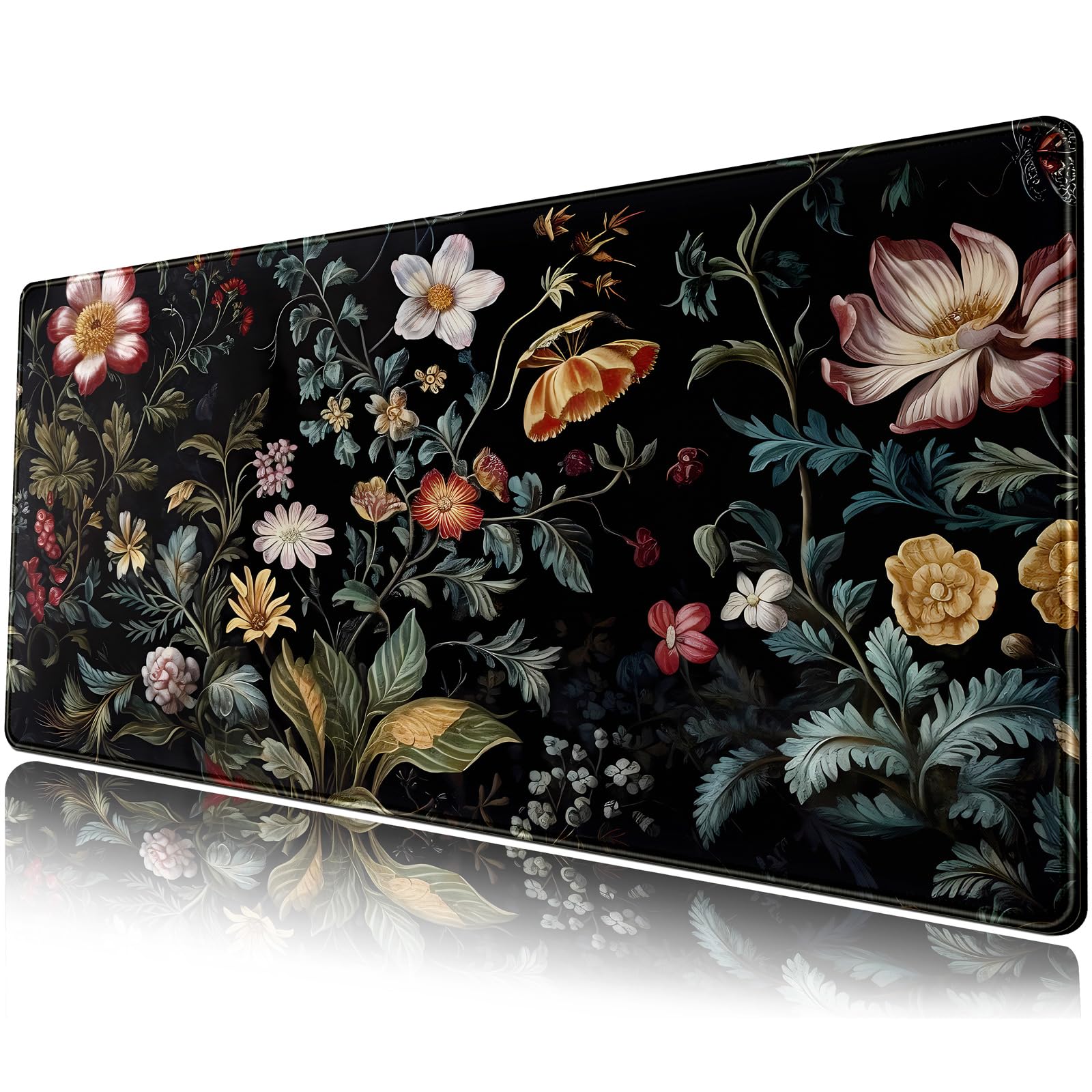 Dark Floral Desk Mat Vintage Aesthetic Desk Pad Flower Plant Black Extended Mouse Pad Large Gaming Mousepad Xl Laptop Computer M
